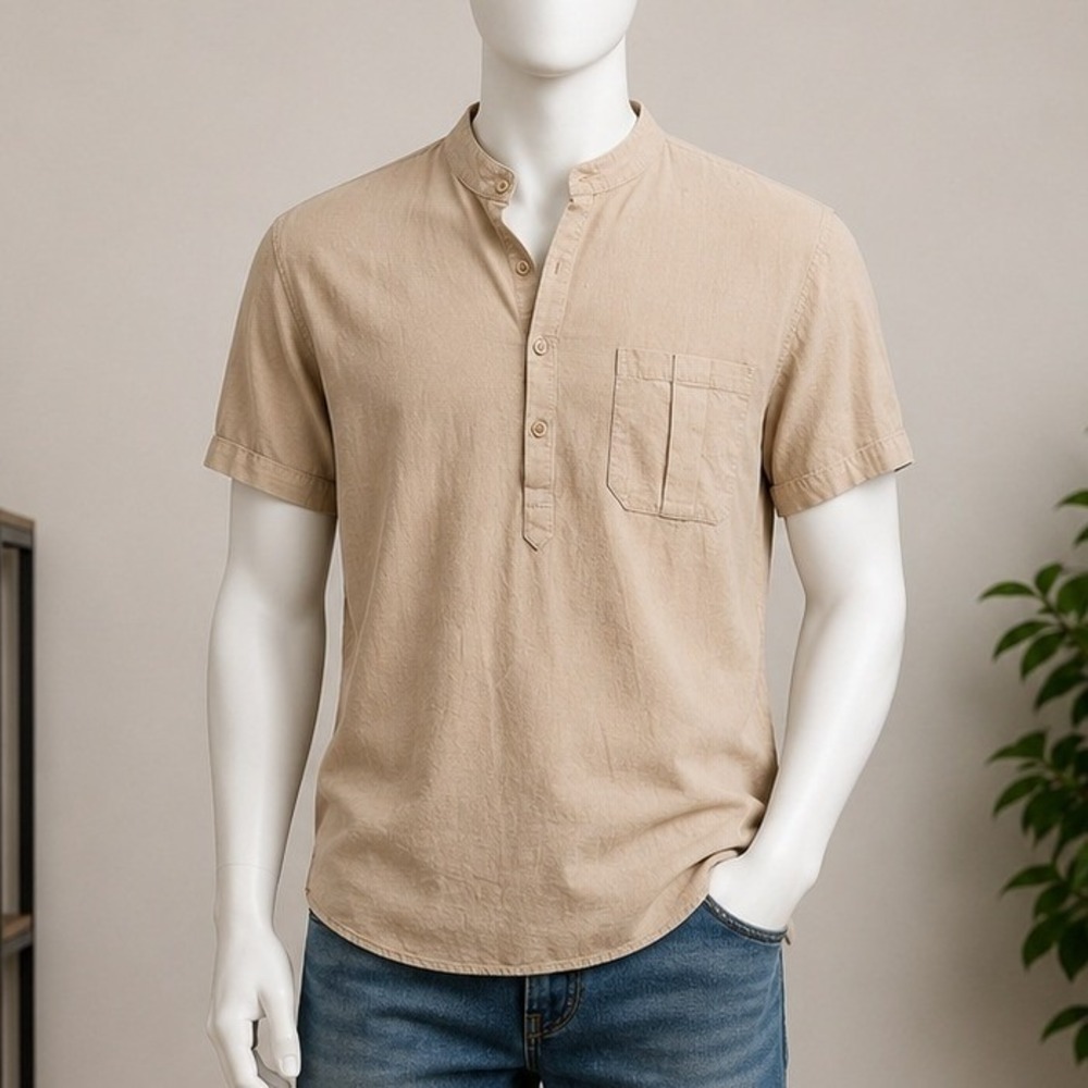 Unbranded Mens Henley Shirt Tan Short Sleeve Mandarin Collar Small